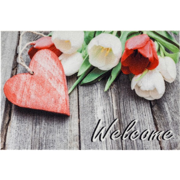 Felpudo de interior deco print 100% poliamida, 40 x 60 cm, flores corazón welcome